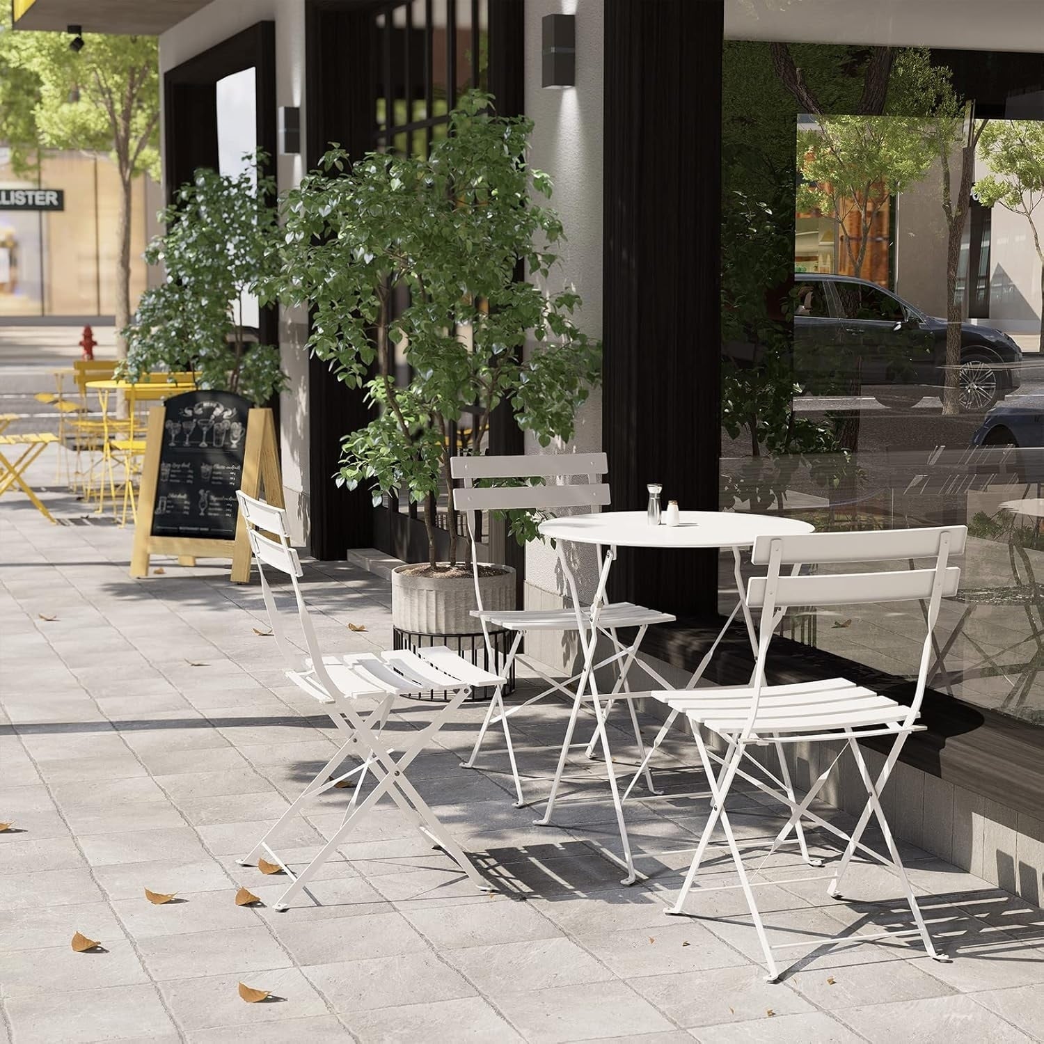 Ensemble bistro pliable en métal 3 pièces, résistant aux intempéries, idéal pour l'intérieur et l'extérieur, avec terrasse, jardin ou cour.
