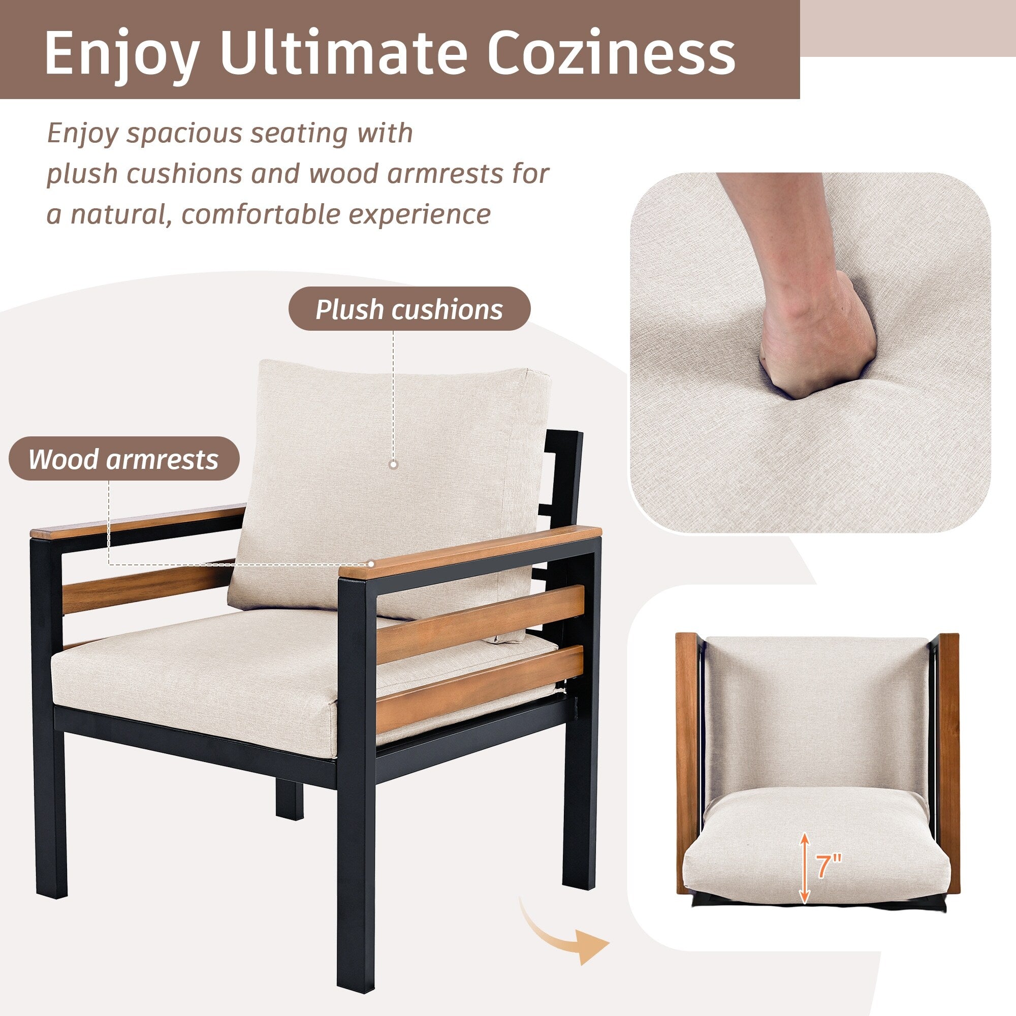 Ensemble de canapé d'extérieur 4 pièces pour 5 personnes avec coussin amovible et table basse en bois massif