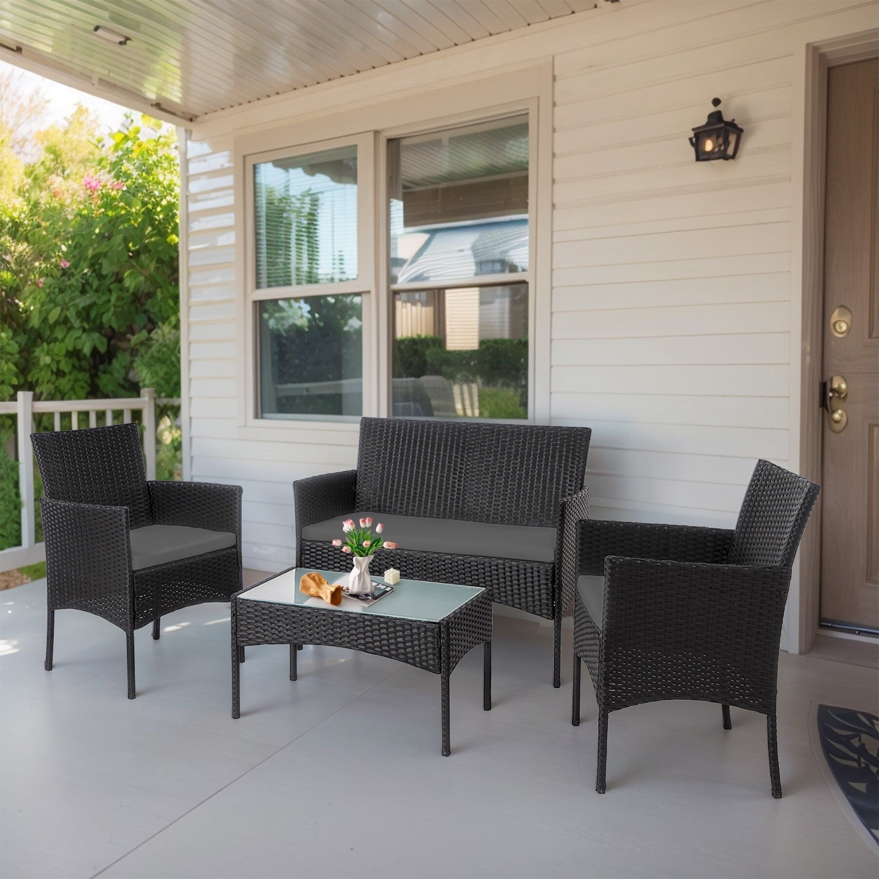 Ensemble de mobilier de jardin en résine tressée 4 pièces, canapé d'angle extérieur en rotin avec coussins