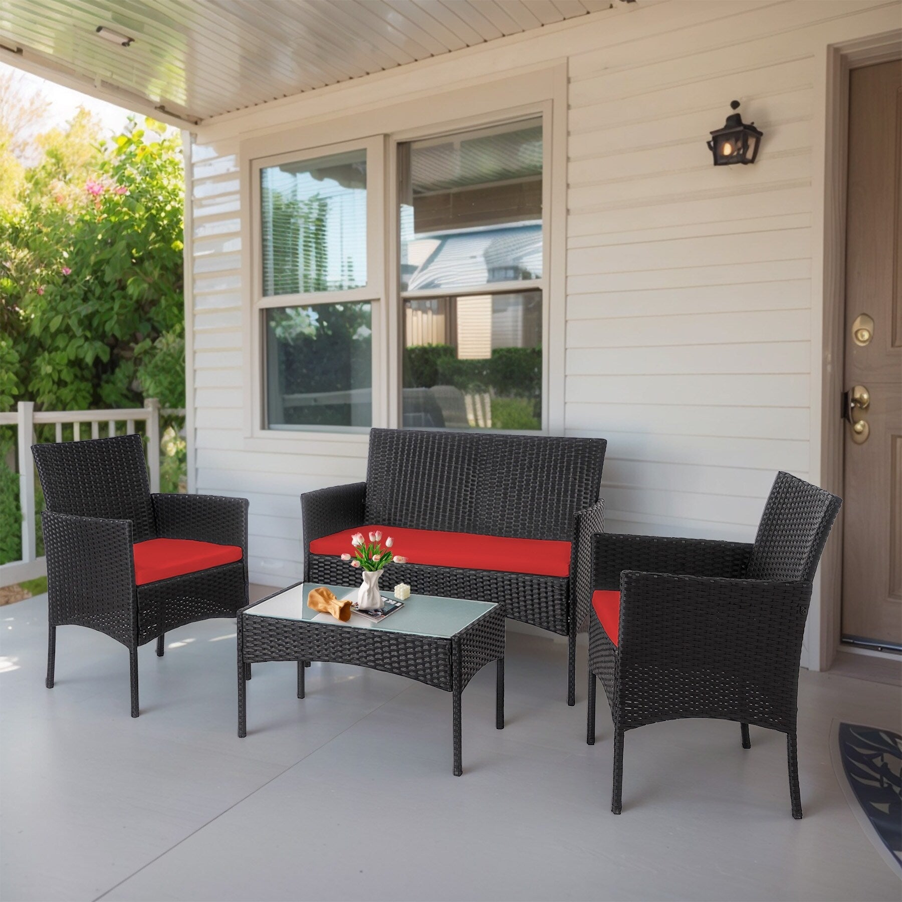 Ensemble de mobilier de jardin en résine tressée 4 pièces, canapé d'angle extérieur en rotin avec coussins