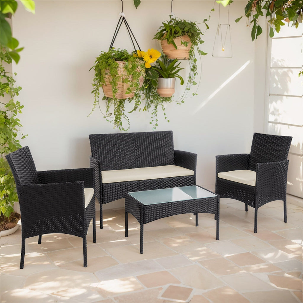 Ensemble de mobilier de jardin en résine tressée 4 pièces, canapé d'angle extérieur en rotin avec coussins