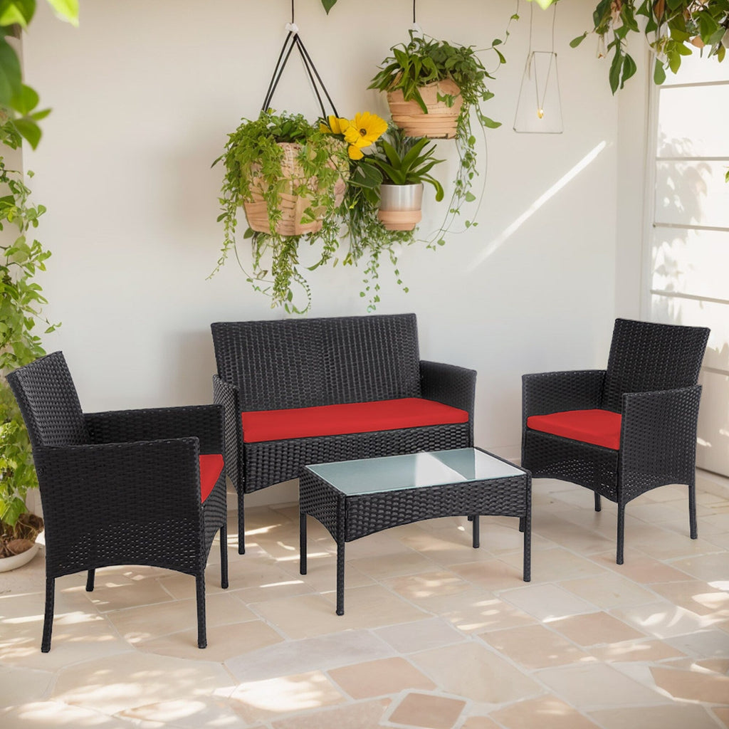 Ensemble de mobilier de jardin en résine tressée 4 pièces, canapé d'angle extérieur en rotin avec coussins