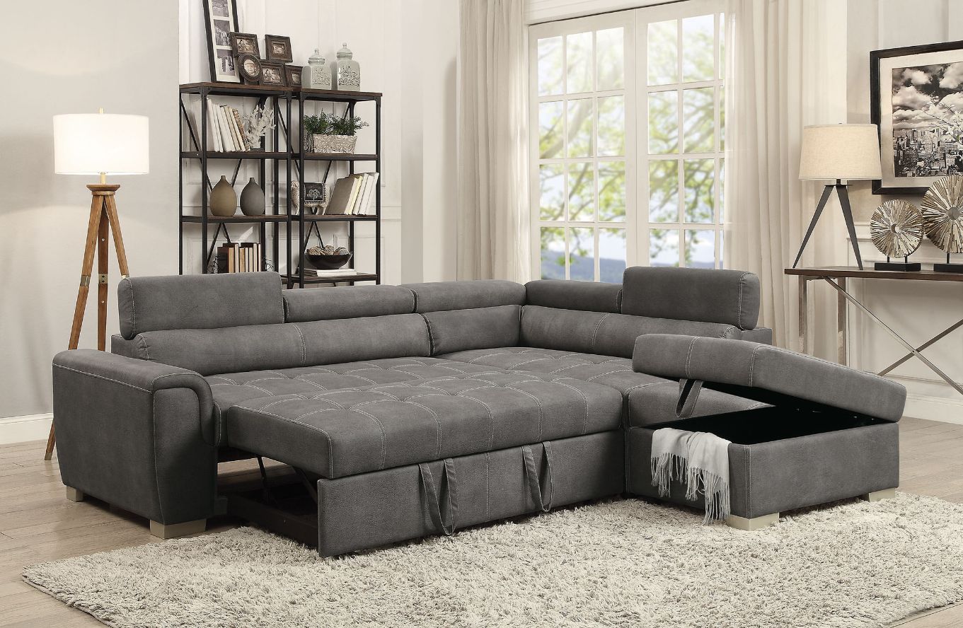 ACME Thelma Gray Polished Microfiber Sectional Sofa with Pull-Out Bed Model 50275