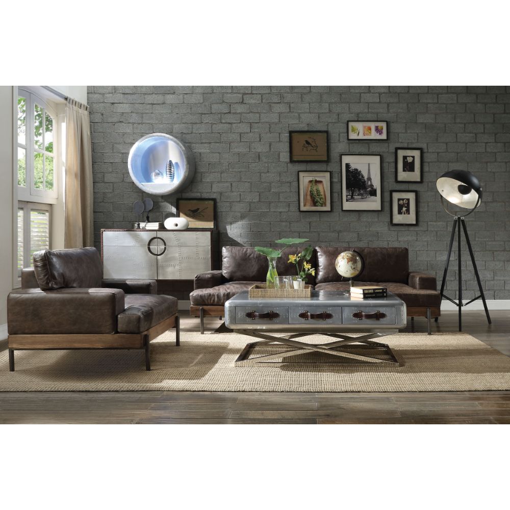 ACME Silchester Oak & Distress Chocolate Top Grain Leather Sofa Model 52475