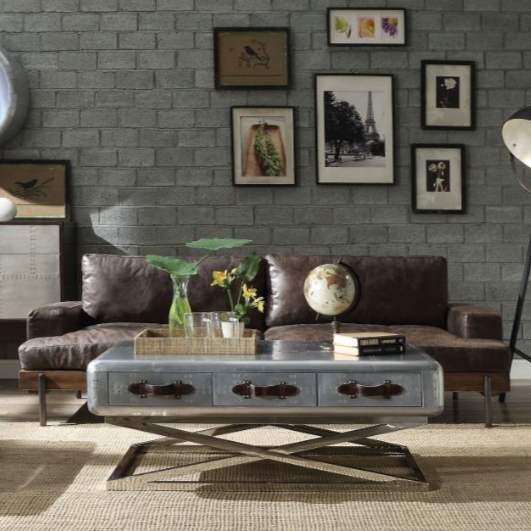 ACME Silchester Oak & Distress Chocolate Top Grain Leather Sofa Model 52475