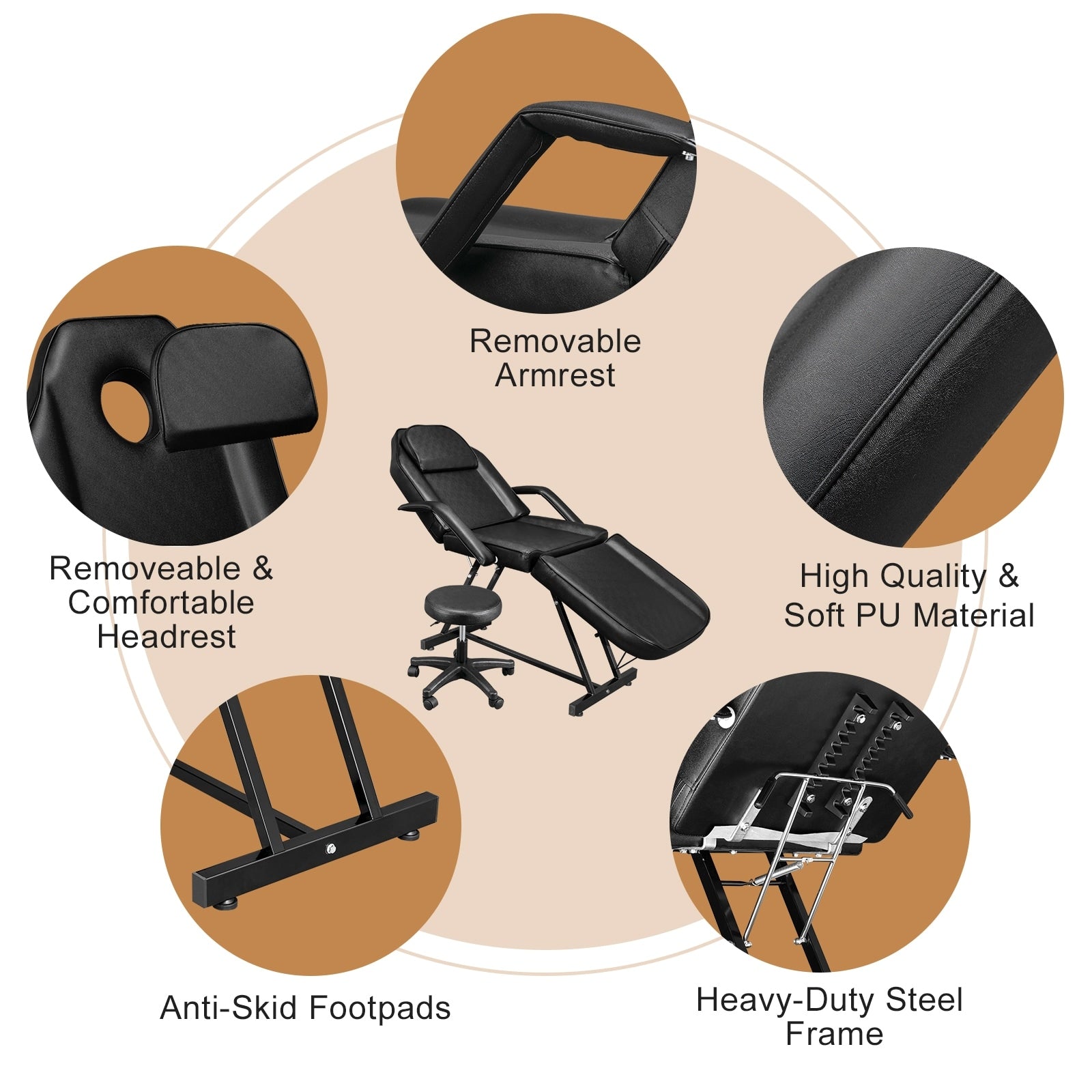 Lit de massage réglable pour salon de beauté et spa, fauteuil de tatouage avec tabouret