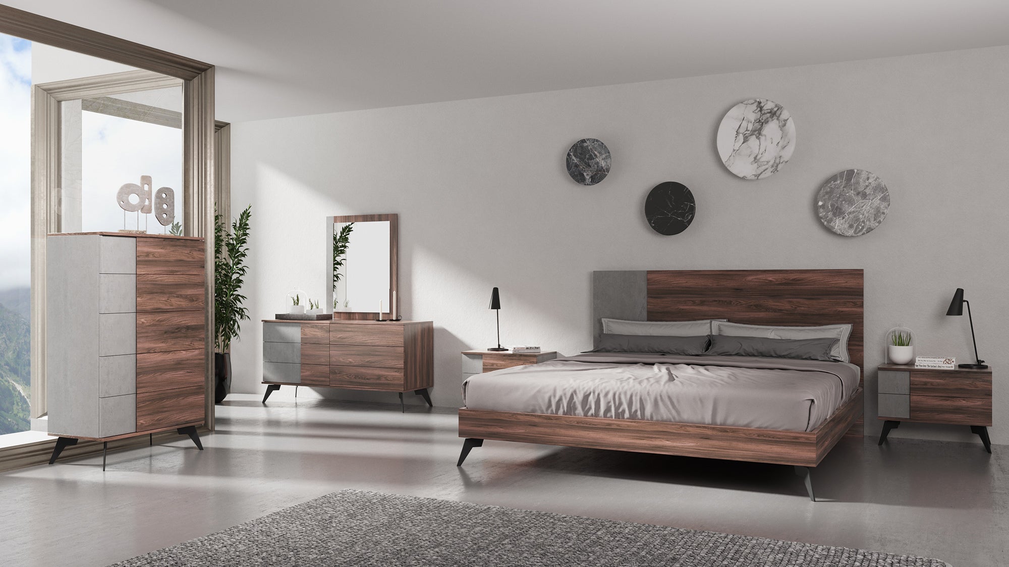 Nova Domus Palermo Queen Italian Modern Faux Concrete & Noce Bodrum Bedroom Set Model VGACPALERMO-WAL-SET-Q
