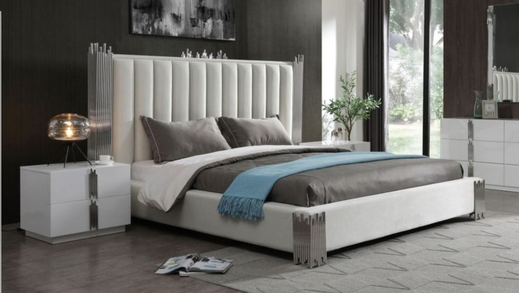 Modrest Token Modern White & Stainless Steel Bed With Nightstands Model VGVCBD815-WHT-BED-2NS-SET