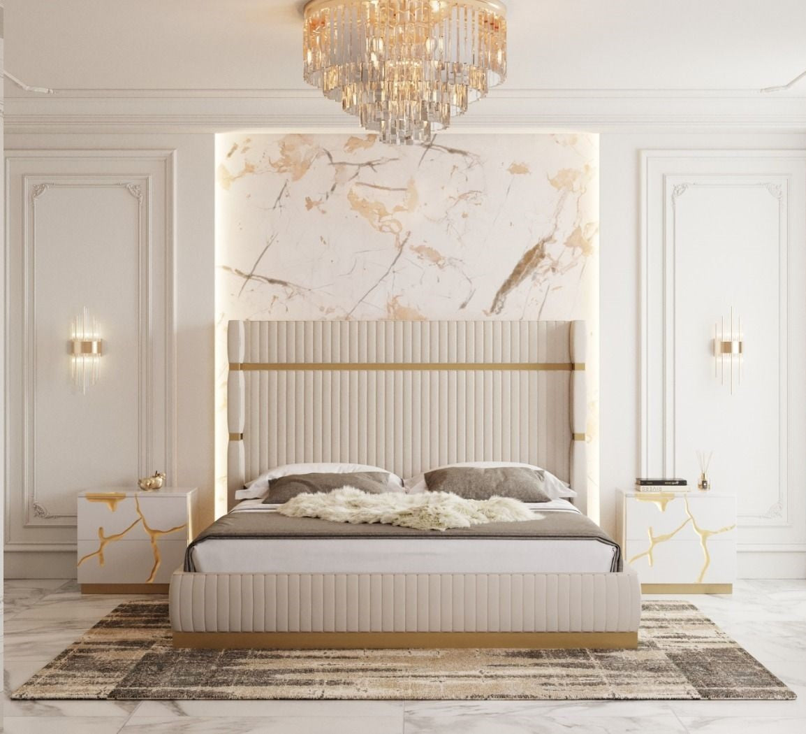 Modrest Sterling Modern Beige & Gold Bed With Nightstands Model VGVCBD1901-BEI-BED-2NS-SET