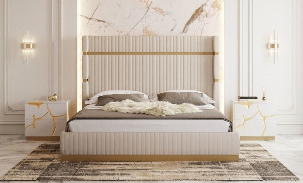 Modrest Sterling Modern Beige & Gold Bed With Nightstands Model VGVCBD1901-BEI-BED-2NS-SET