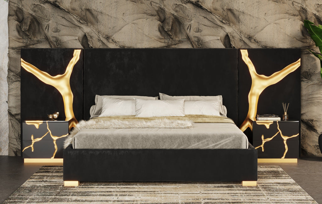 Modrest Aspen Modern Black & Gold Bed With Nightstands Model VGVCBD1801-BLK-BED-2NS-SET