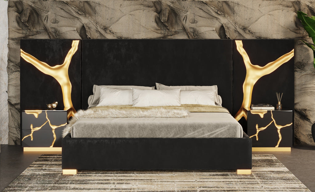 Modrest Aspen Modern Black & Gold Bed With Nightstands Model VGVCBD1801-BLK-BED-2NS-SET