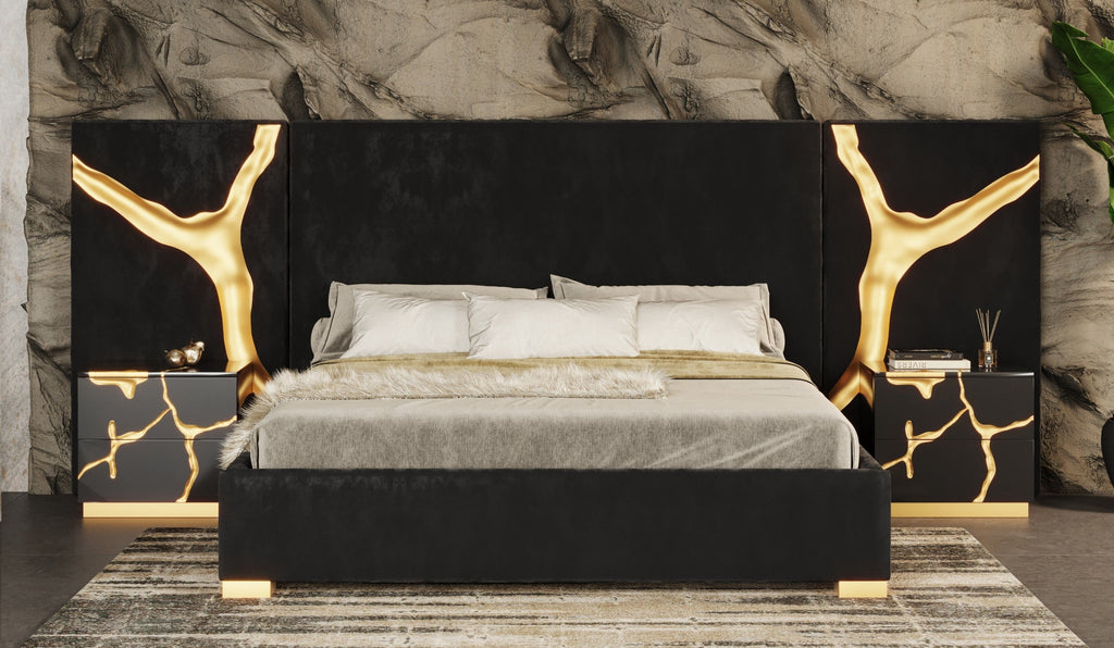 Modrest Aspen Modern Black & Gold Bed With Nightstands Model VGVCBD1801-BLK-BED-2NS-SET