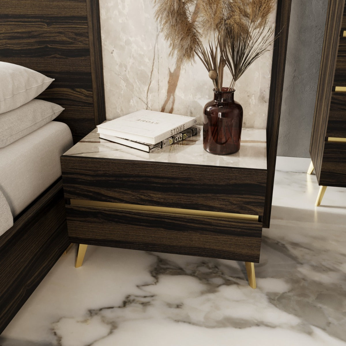 Nova Domus Velondra Modern Eucalypto & Marble Bed With Two Nightstands Model VGACVELONDRA-BED-2NS