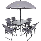 Ensemble de salle à manger de patio 8 pièces, ensemble de table de jardin avec parasol amovible, table en verre et 6 chaises pliantes