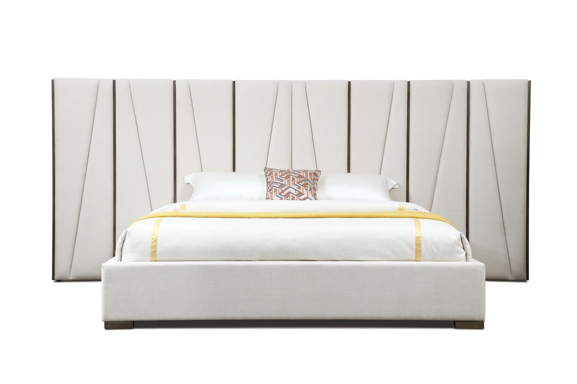Modrest Nixa Modern Beige Velvet & Brushed Bronze Bed & Birch Nightstands Model VGVC-BD1909-BED-NS-BGE