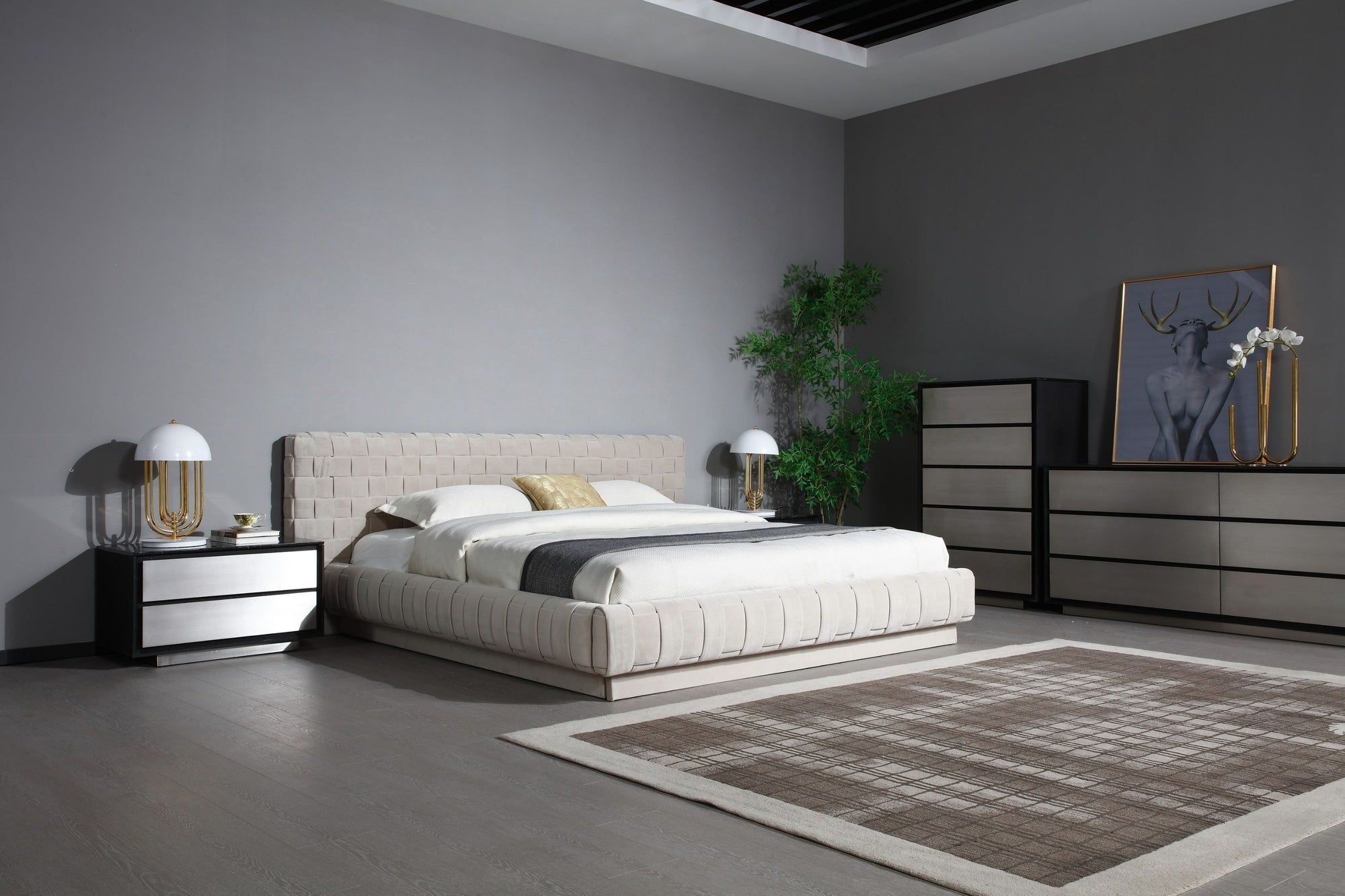 Modrest Concord Modern Grey Velvet & Black Marble & Black Ash & Aluminum Bedroom Set Model VGVC-BD2311-2301-SET