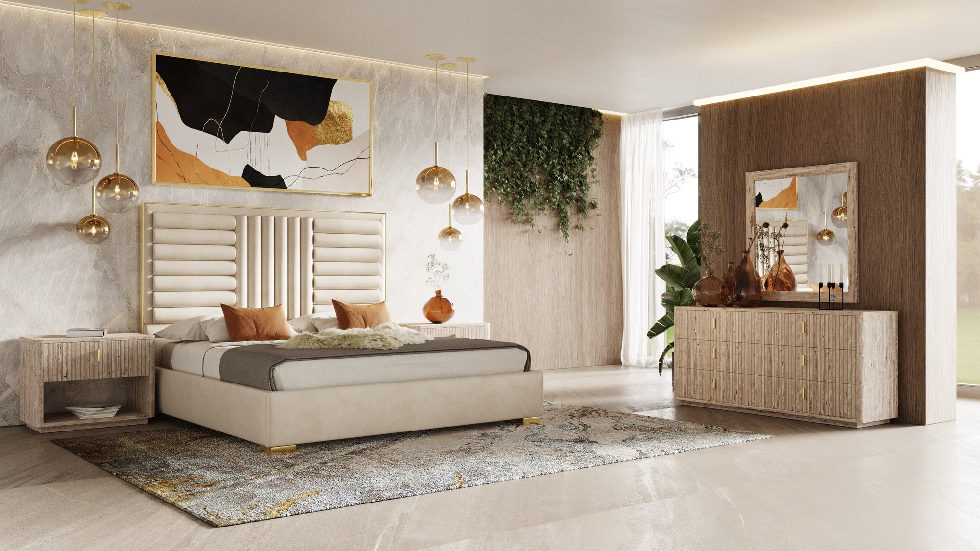 Nova Domus Daystar & Roma Modern Beige Velvet & Travertine & Gold Bedroom Set Model VGAN-DAYSTAR-ROMA-BED-SET