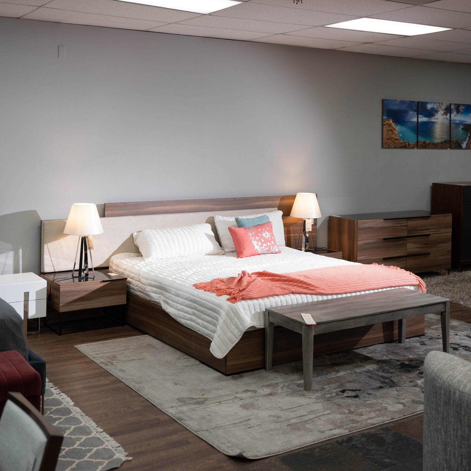 Nova Domus Matteo Italian Modern Walnut & Fabric Bed & 2 Nightstands & Dresser Set Model VGACMATTEO-BEDNSD-SET