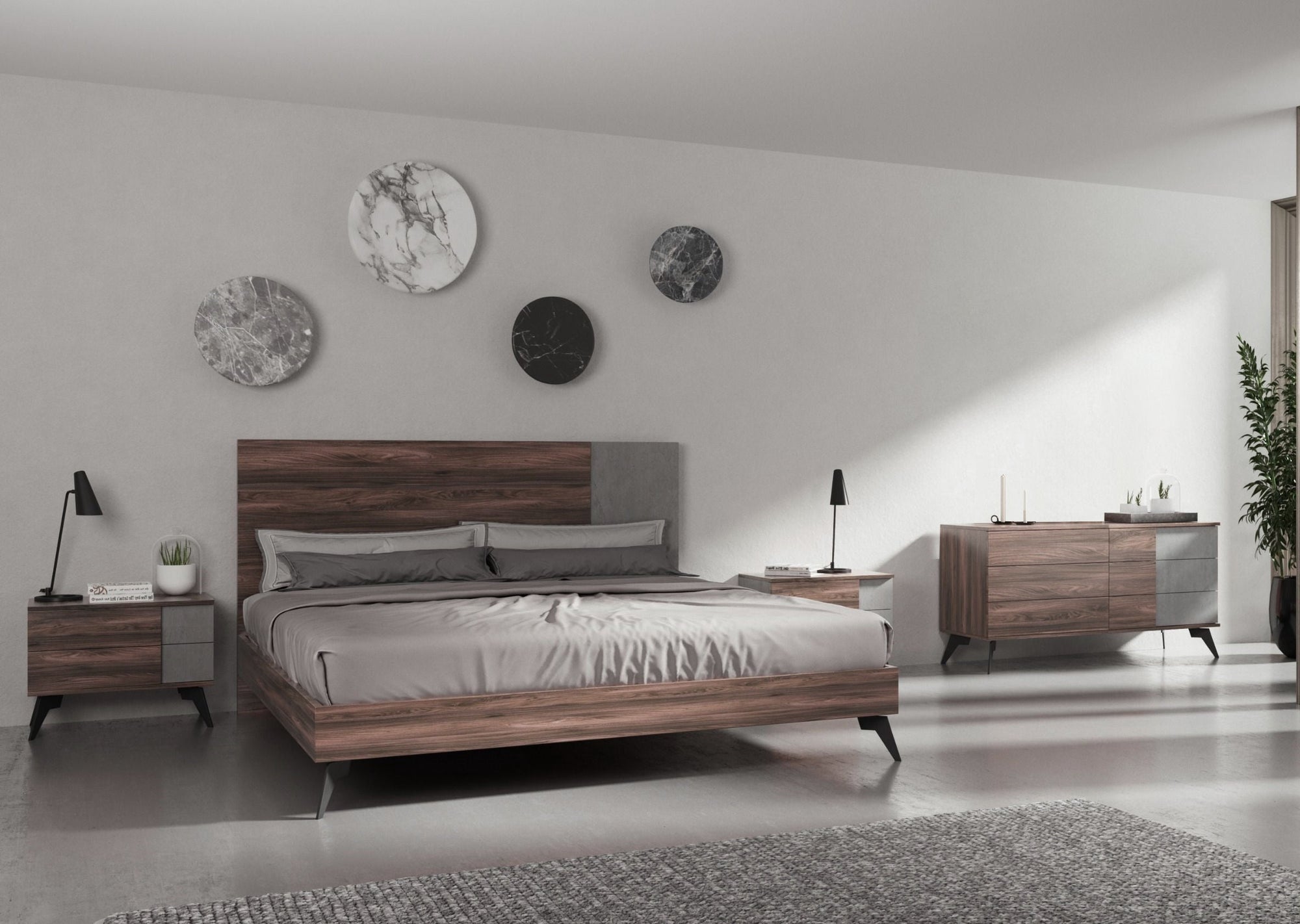 Nova Domus Palermo Italian Modern Faux Concrete & Noce Bodrum 4 Piece Bedroom Set Model VGACPALERMO-WAL-4PC-SET