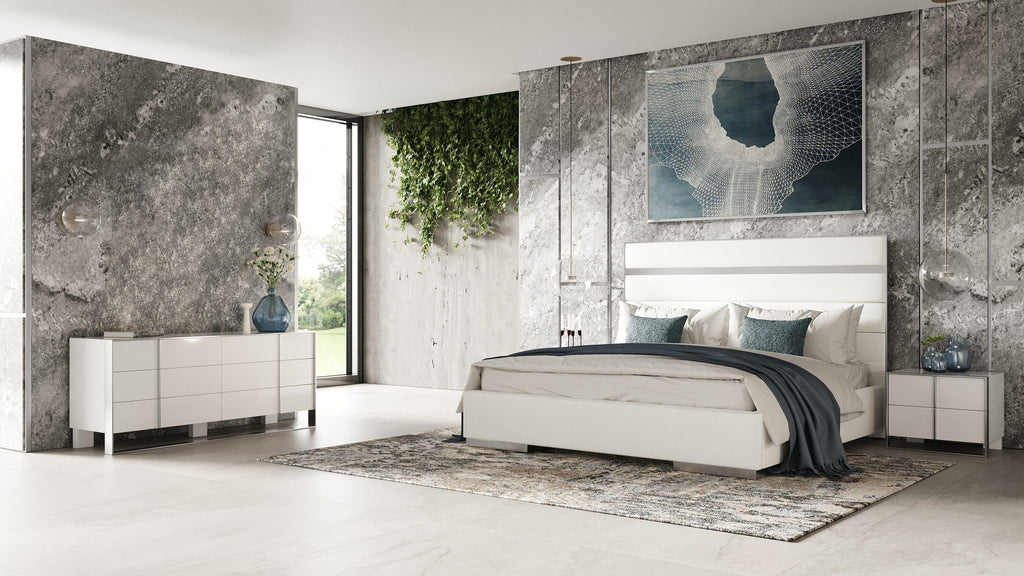 Modrest Cartier Modern White Vegan Leather & Stainless Steel 4 Piece Bedroom Set Model VGVC-BDA002-4PC-SET-WHT