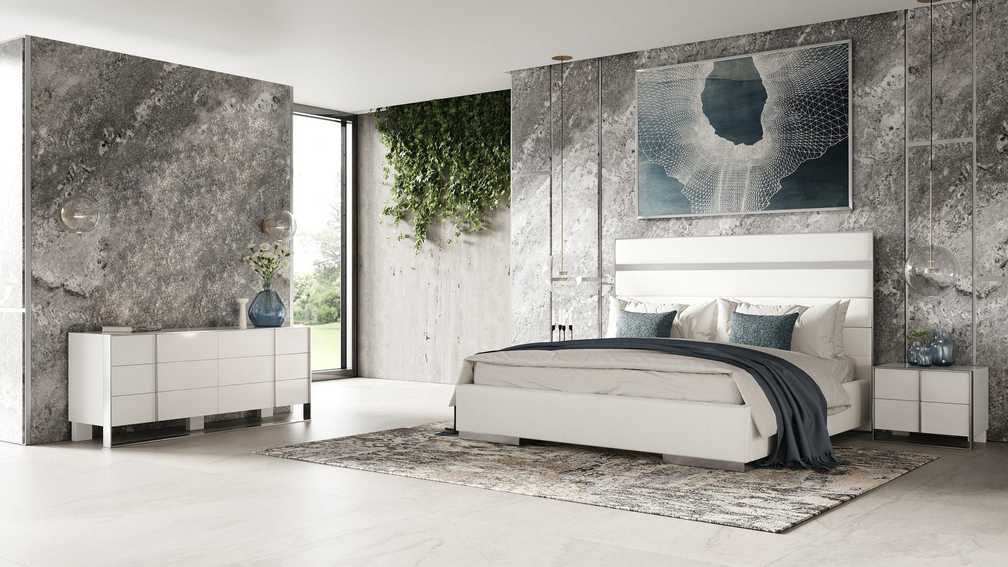 Modrest Cartier Modern White Vegan Leather & Stainless Steel 4 Piece Bedroom Set Model VGVC-BDA002-4PC-SET-WHT