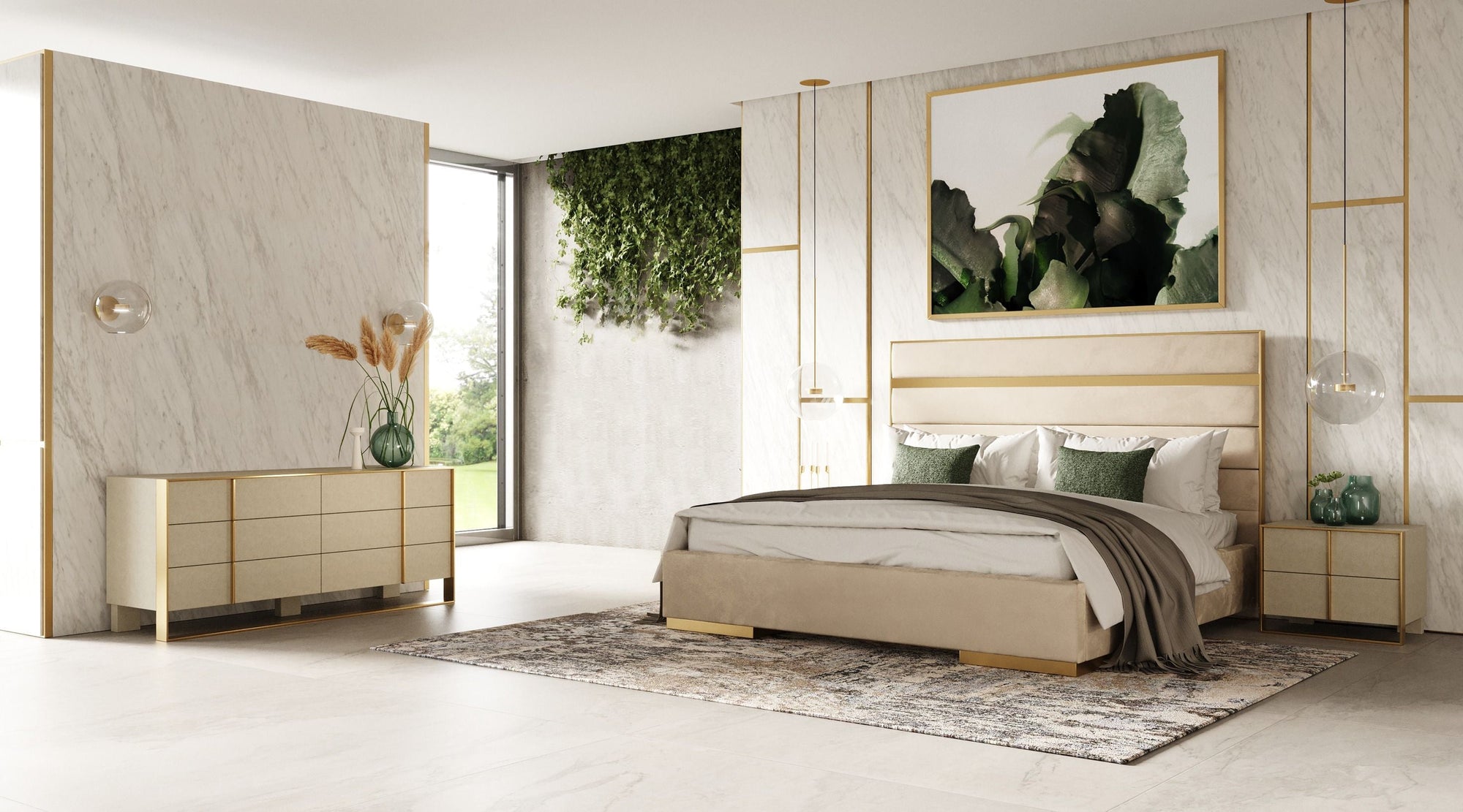 Modrest Cartier Modern Beige Velvet & Brushed Brass 4 Piece Bedroom Set Model VGVCBD-A-002-BGE-BED-4PC-SET