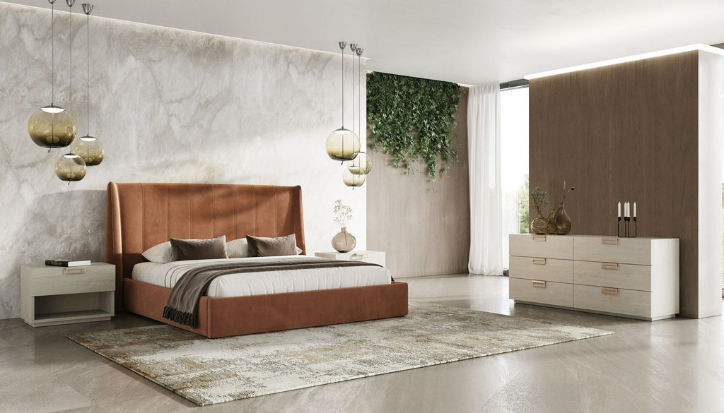 Lamod Roma & Lago Modern Burnt Orange Velvet & Faux Travertine 4 Piece Bedroom Set Model VGAC-ROMALAGO-4PC-SET