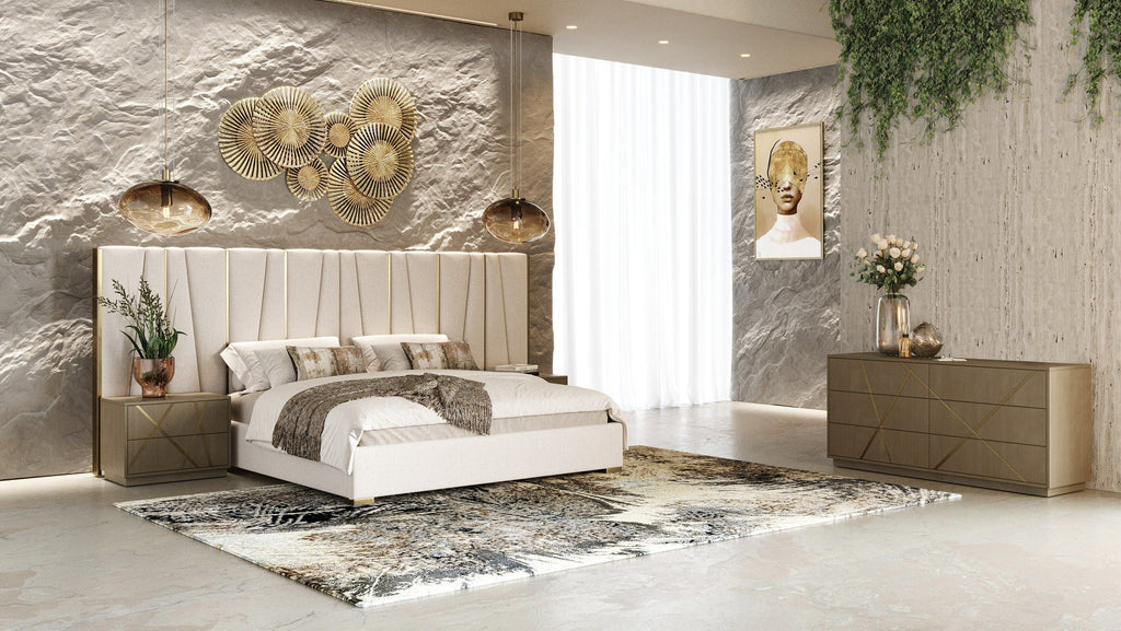 Modrest Nixa Modern Beige Velvet & Brushed Bronze & Birch 4 Piece Bedroom Set Model VGVC-BD1909-4PCSET-BGE