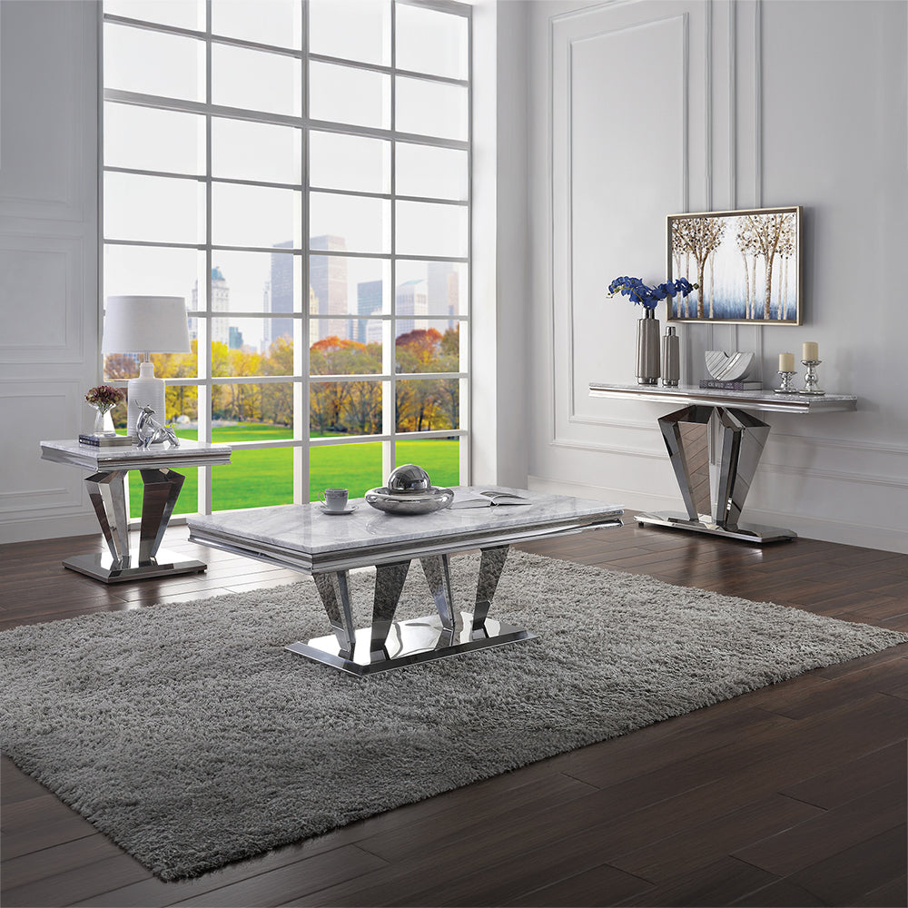 ACME Satinka Light Gray Engineered Marble & Mirrored Silver Coffee Table Model 87215