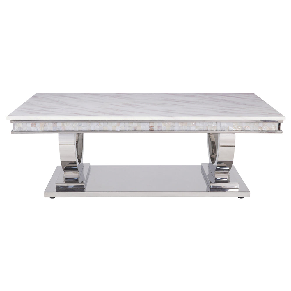 ACME Zander White Engineered Marble & Mirrored Silver Coffee Table Model 87355