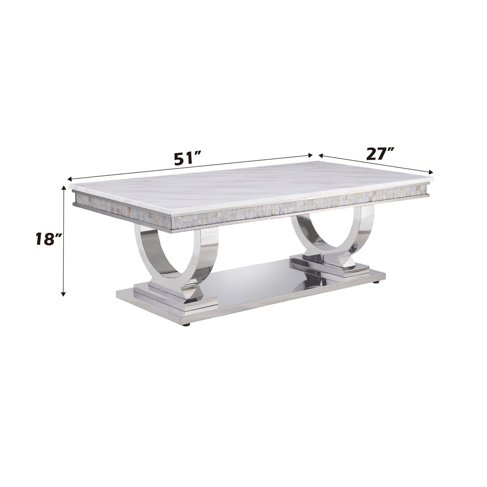 Table basse ACME Zander en marbre blanc reconstitué et argent miroir, modèle 87355