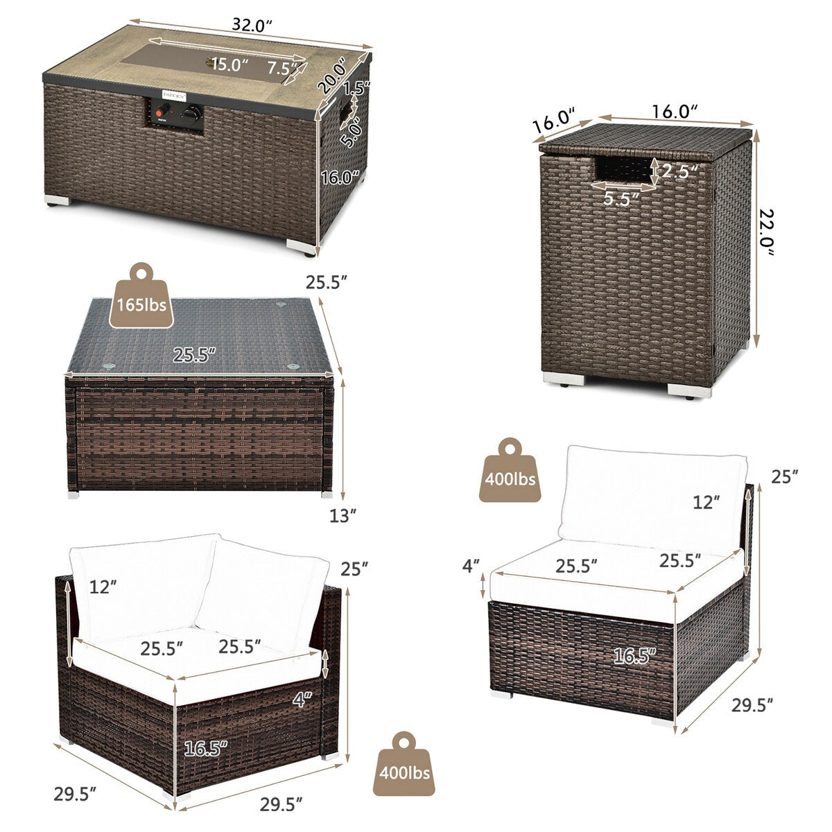 Ensemble de mobilier de patio en rotin 8 pièces comprenant une table foyer, un support pour bouteille de gaz et une housse de protection.