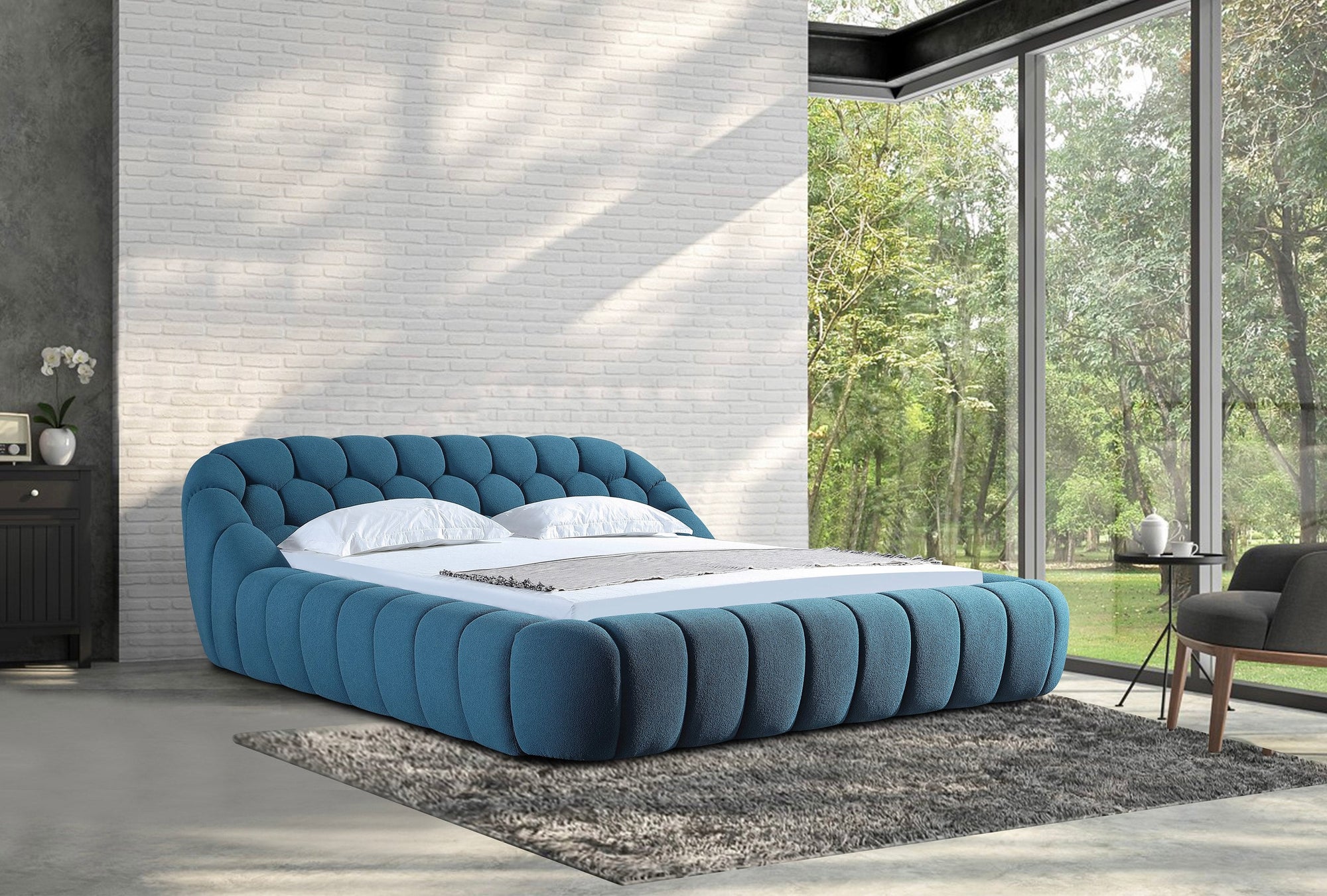 Lit moderne en tissu bleu sarcelle foncé Divani Casa Yolonda, modèle VGEV-A127-BED-C-15