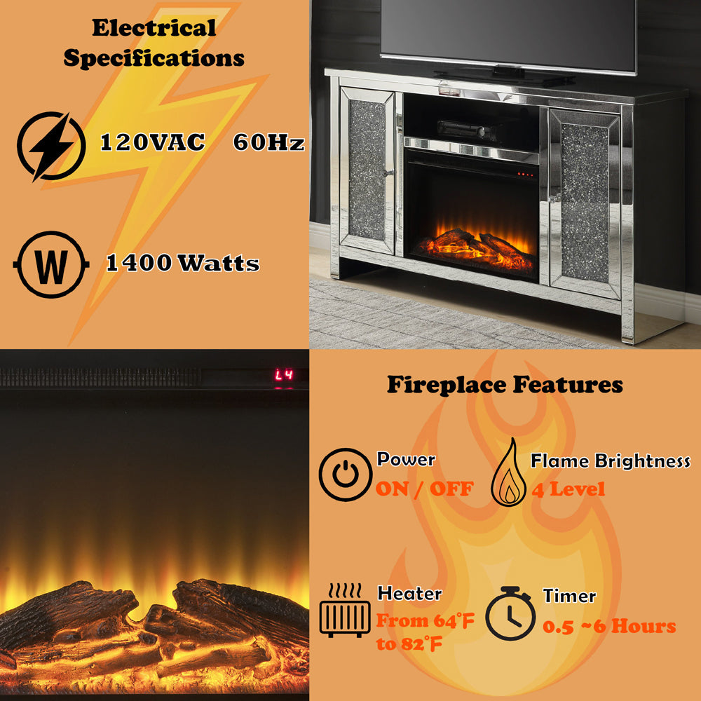 ACME Noralie Mirrored & Faux Diamonds TV Stand with Fireplace Model 91775