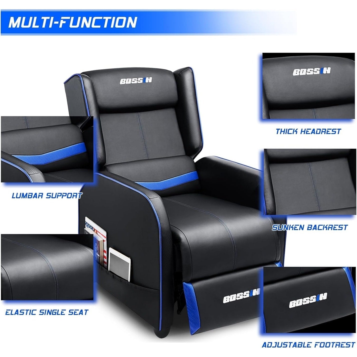 Fauteuil inclinable ergonomique BOSSIN en cuir PU pour le jeu, une place, pour le salon