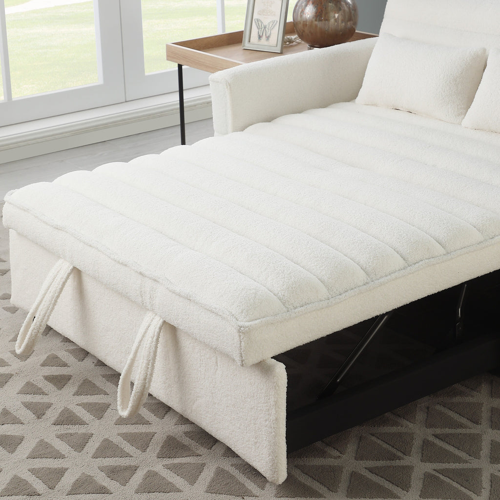 Canapé-lit convertible deux places en tissu bouclé beige 55,12 avec dossier réglable et 2 coussins lombaires pour salon