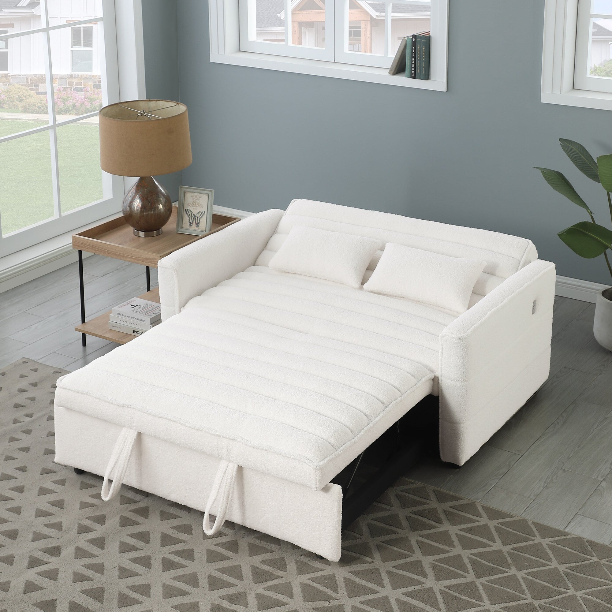 Canapé-lit convertible deux places en tissu bouclé beige 55,12 avec dossier réglable et 2 coussins lombaires pour salon