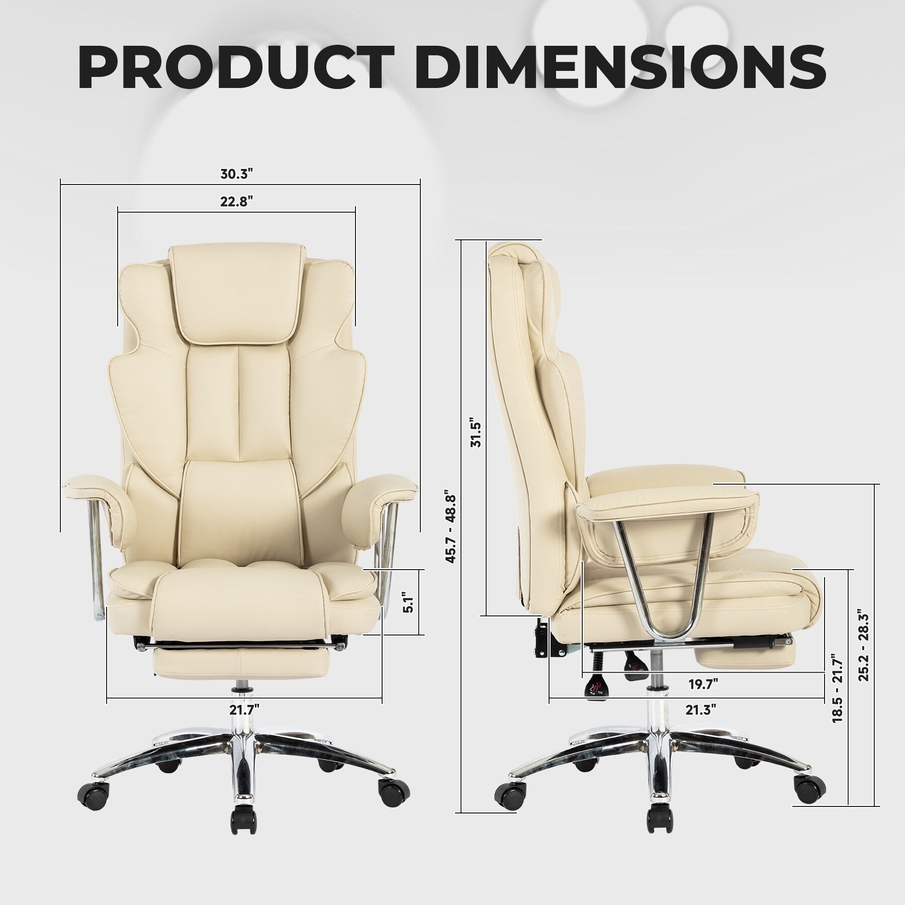 Fauteuil de bureau ergonomique pivotant à 360° en cuir reconstitué beige, dossier haut, dossier haut, soutien lombaire, repose-pieds, hauteur réglable