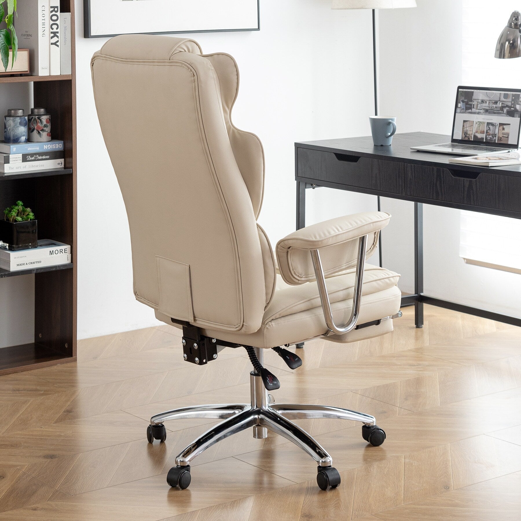 Fauteuil de bureau ergonomique pivotant à 360° en cuir reconstitué beige, dossier haut, dossier haut, soutien lombaire, repose-pieds, hauteur réglable