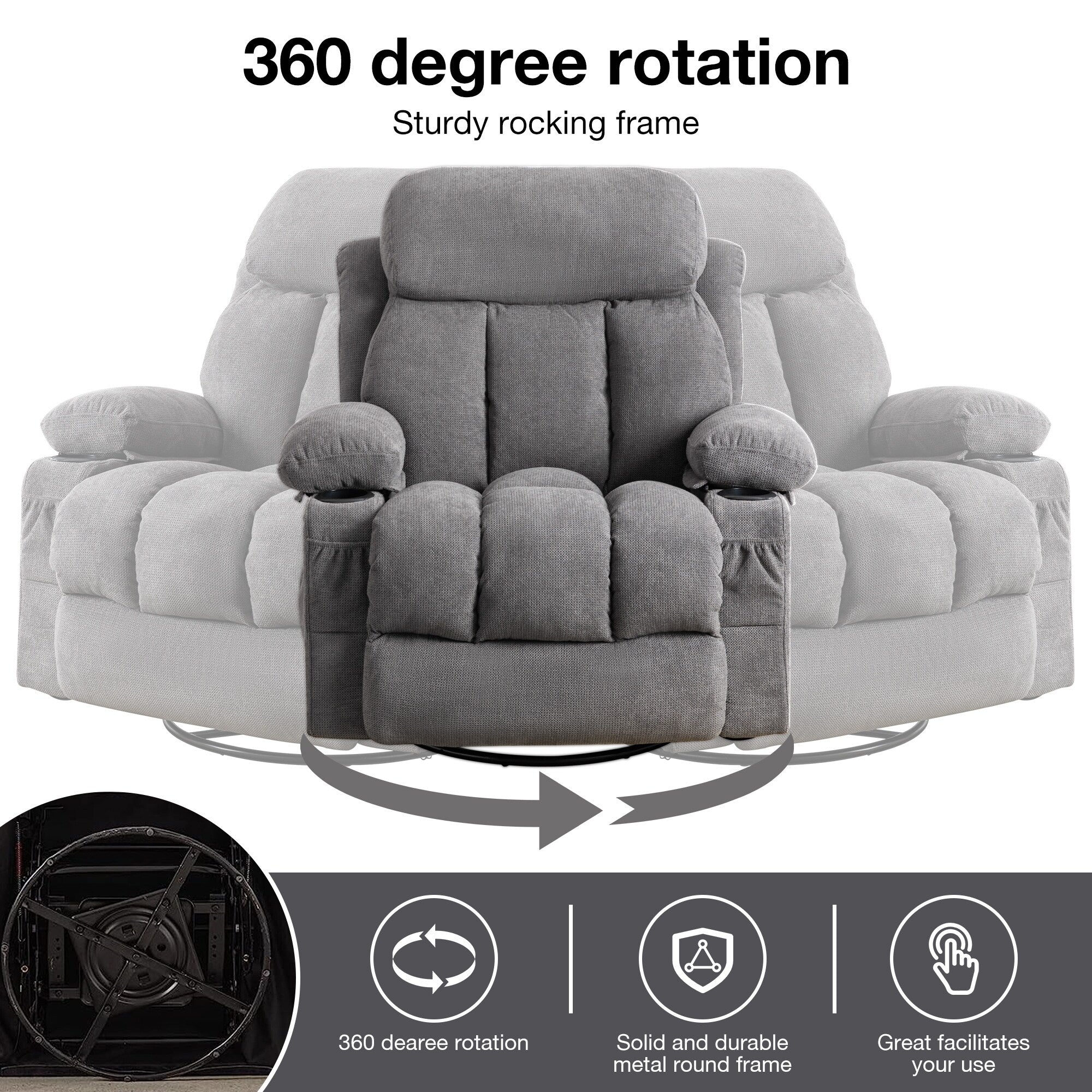 Fauteuil inclinable pivotant beige avec massage, chauffage et chargement USB