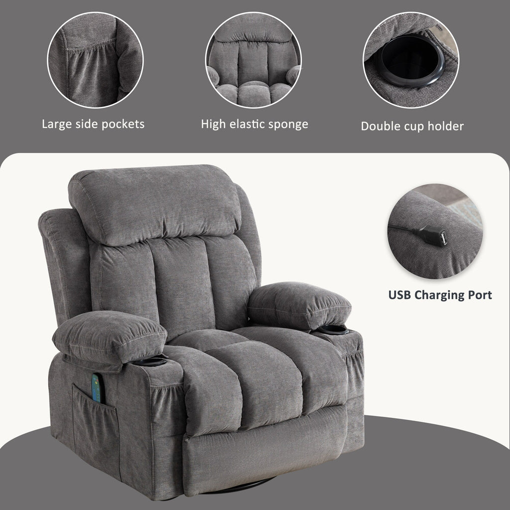 Fauteuil inclinable pivotant beige avec massage, chauffage et chargement USB