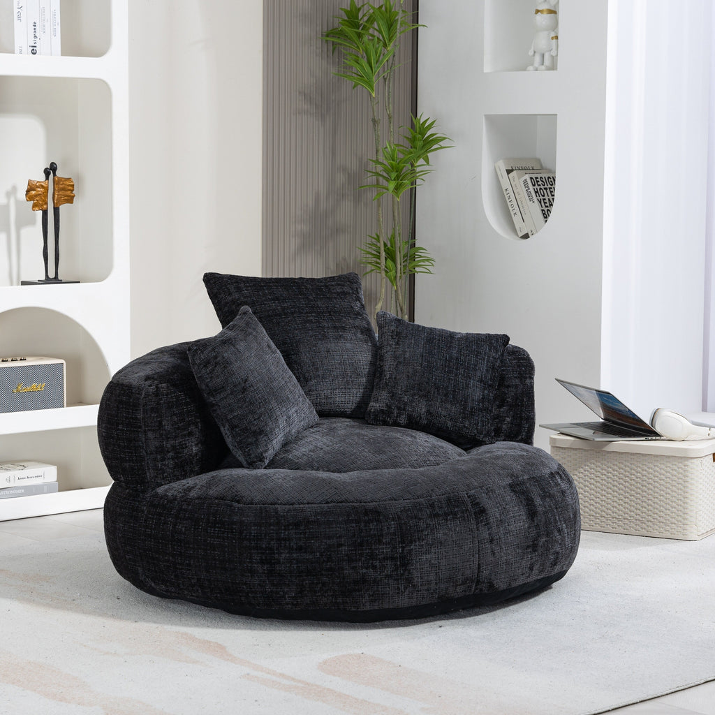 Pouf poire géant noir surdimensionné en chenille de 42,52 pouces avec trois coussins pour chambre à coucher