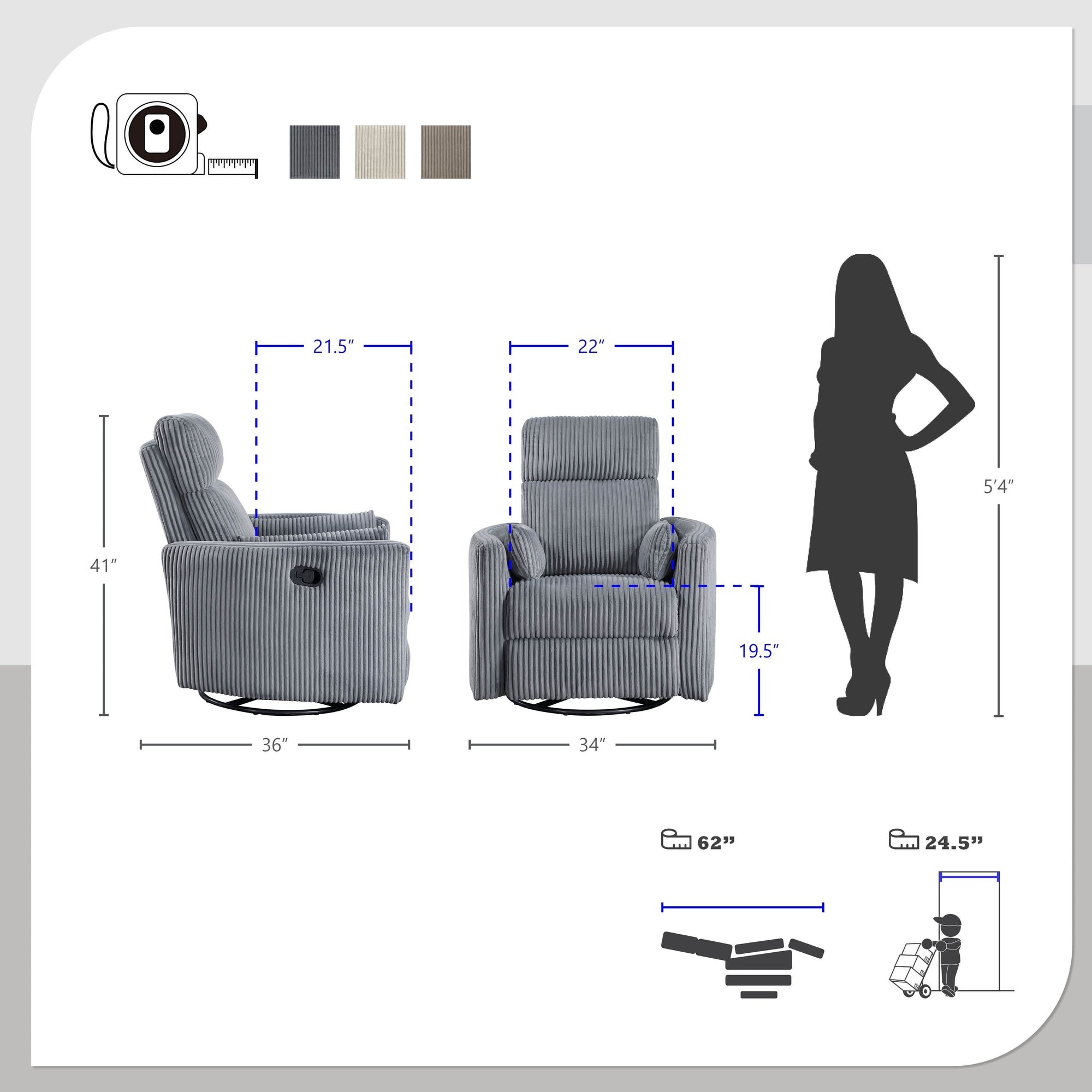 Fauteuil inclinable manuel pivotant en velours côtelé Braidy