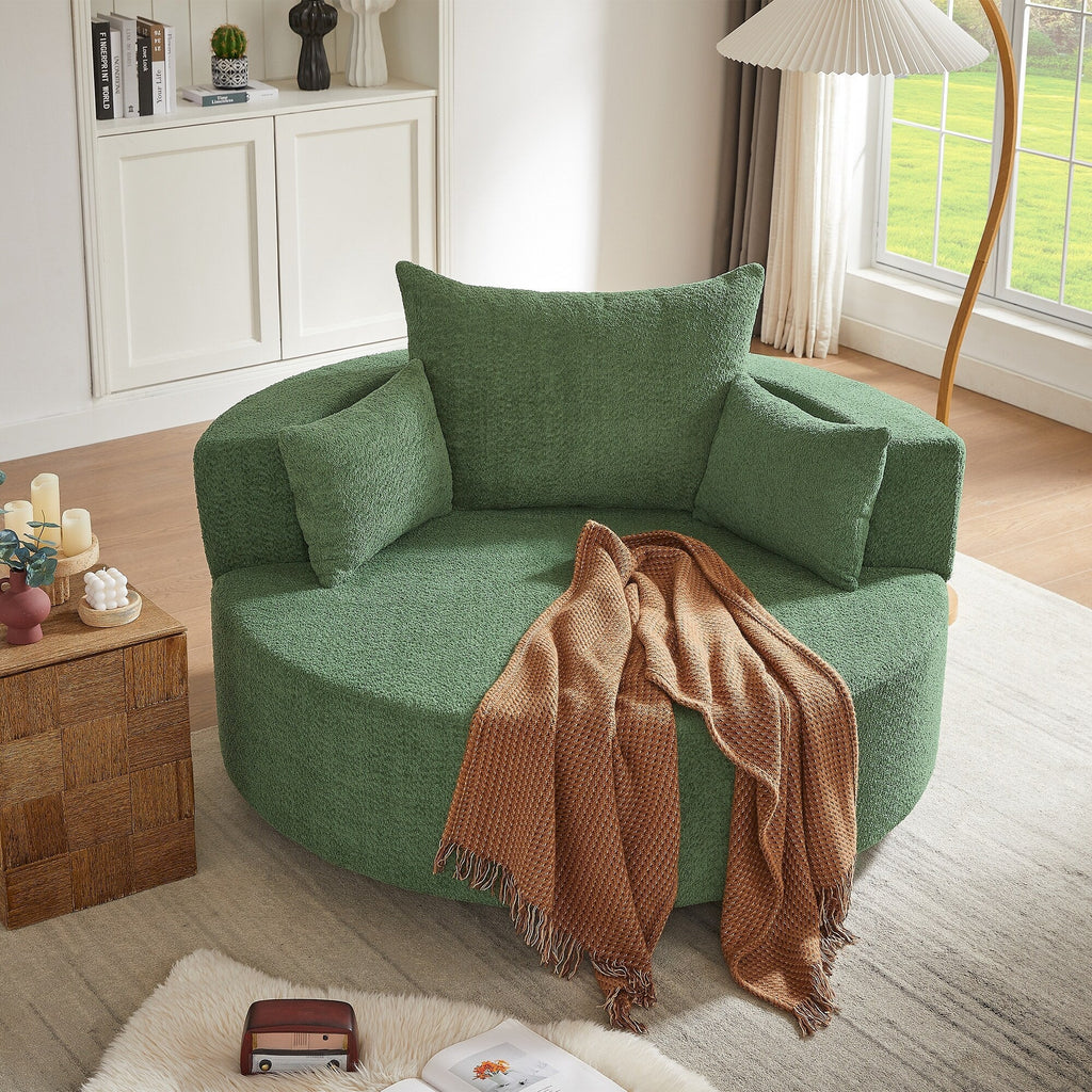 Fauteuil lounge rond en chenille, avec accoudoirs et base pivotante à 360° et 3 coussins amovibles