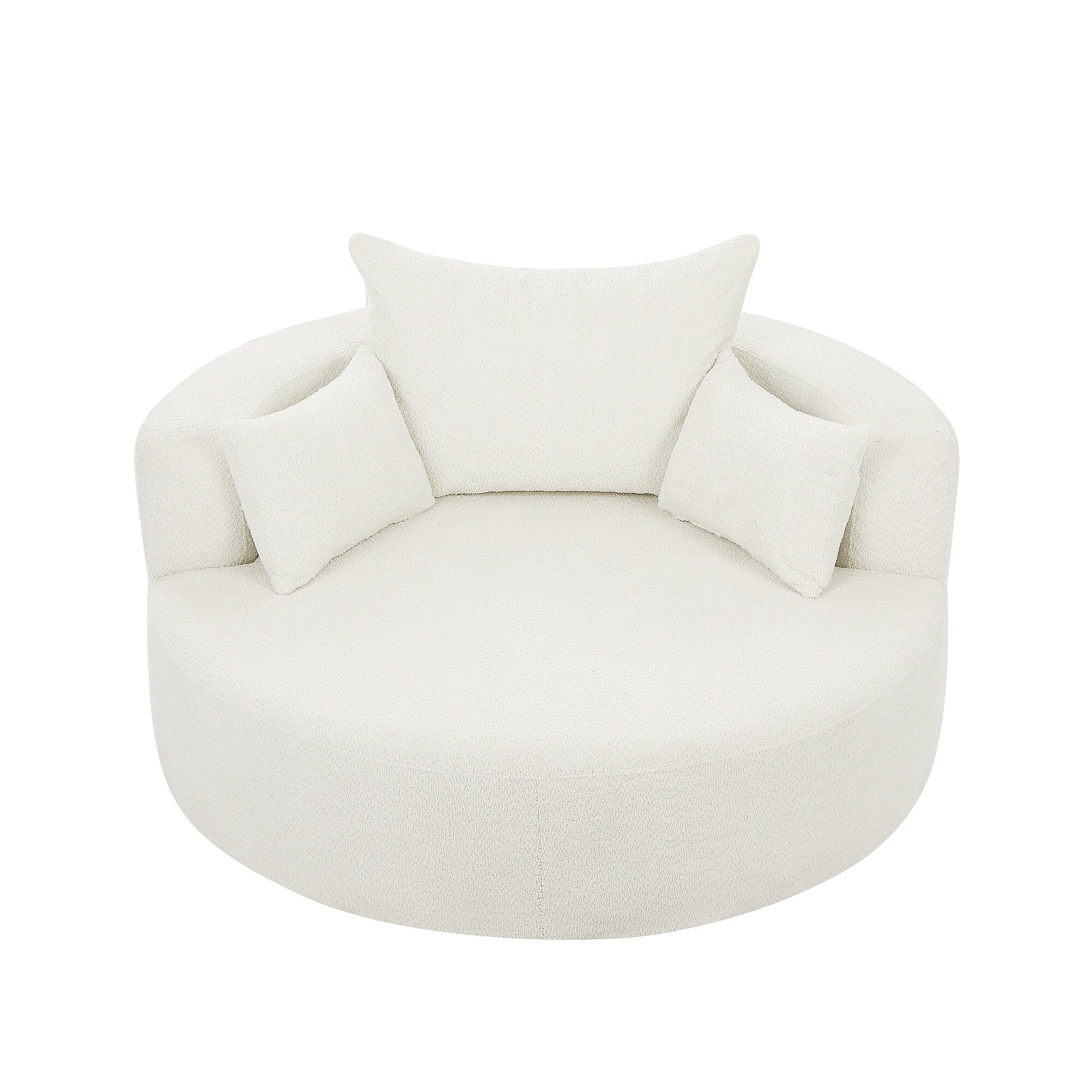 Fauteuil lounge rond en chenille, avec accoudoirs et base pivotante à 360° et 3 coussins amovibles