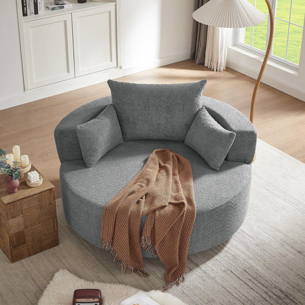 Fauteuil lounge rond en chenille, avec accoudoirs et base pivotante à 360° et 3 coussins amovibles