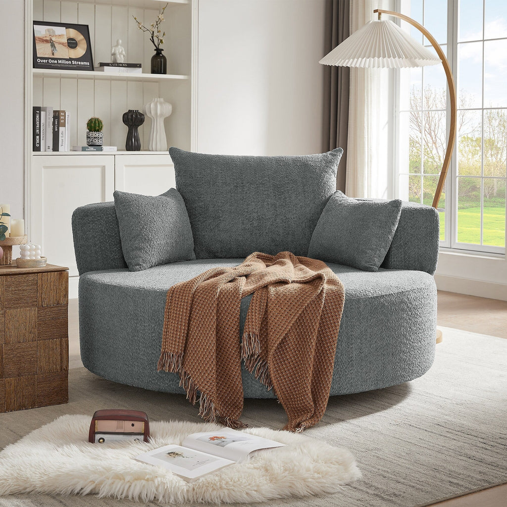 Fauteuil lounge rond en chenille, avec accoudoirs et base pivotante à 360° et 3 coussins amovibles