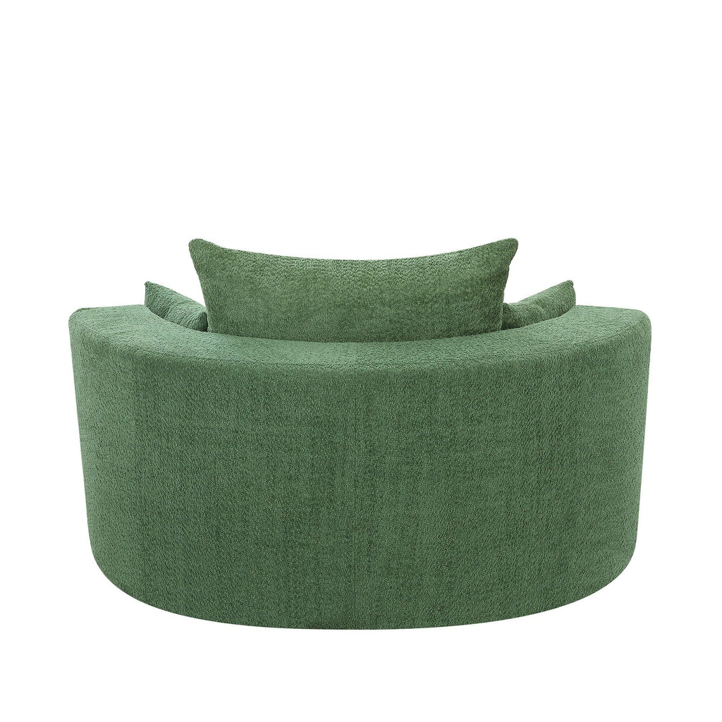 Fauteuil lounge rond en chenille, avec accoudoirs et base pivotante à 360° et 3 coussins amovibles