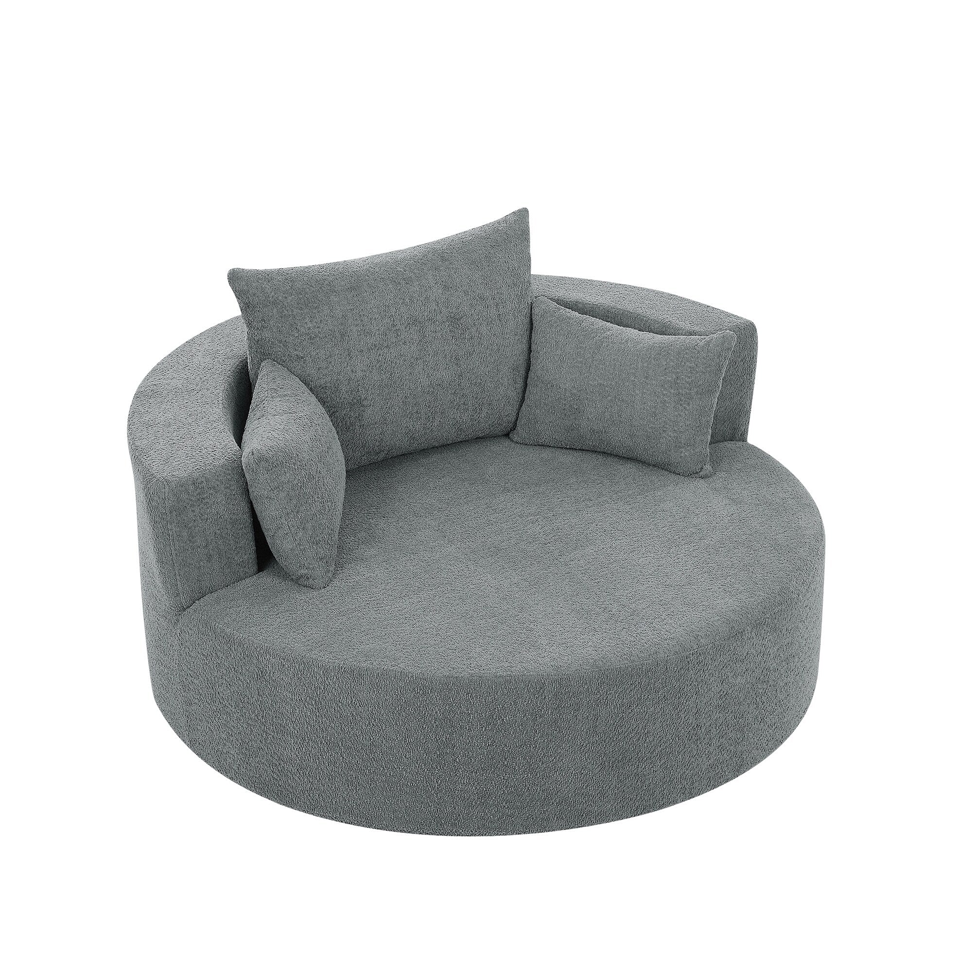 Fauteuil lounge rond en chenille, avec accoudoirs et base pivotante à 360° et 3 coussins amovibles